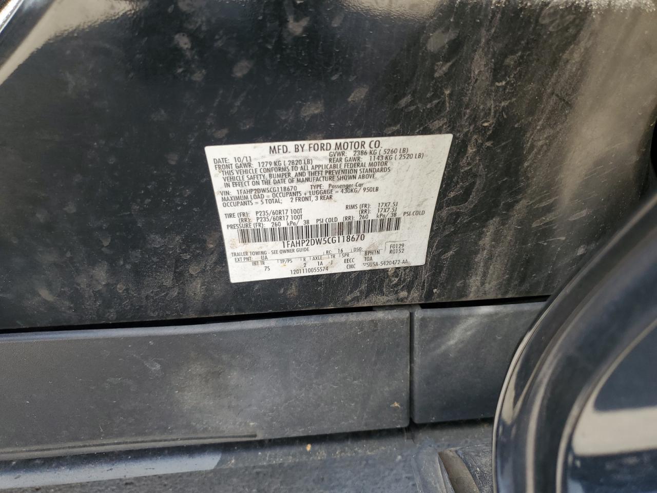 2012 Ford Taurus Se VIN: 1FAHP2DW5CG118670 Lot: 84538625