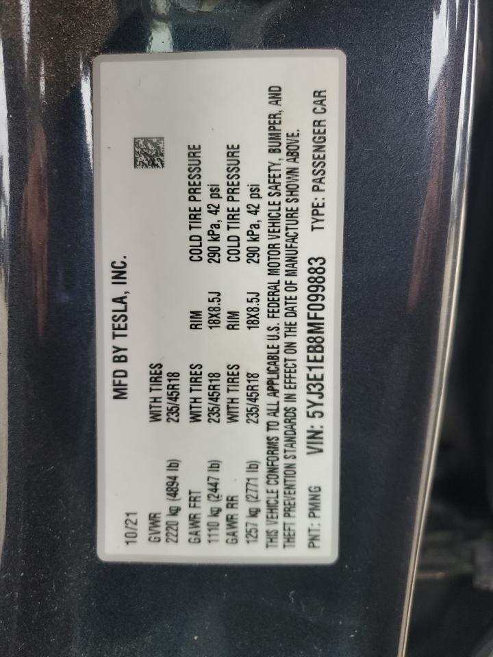 2021 Tesla Model 3 VIN: 5YJ3E1EB8MF099883 Lot: 86278825