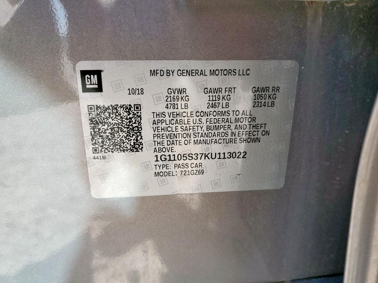 2019 Chevrolet Impala Premier VIN: 1G1105S37KU113022 Lot: 84975705