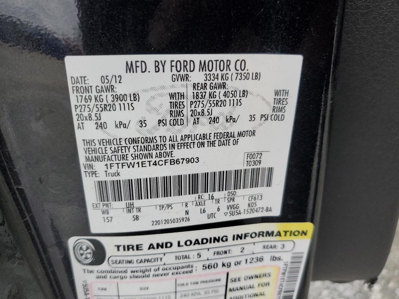 2012 Ford F150 Supercrew VIN: 1FTFW1ET4CFB67903 Lot: 90687925