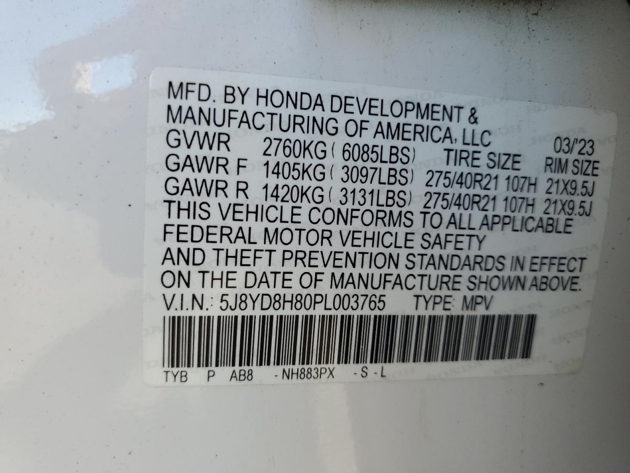 2023 Acura Mdx Type S Advance VIN: 5J8YD8H80PL003765 Lot: 89919645