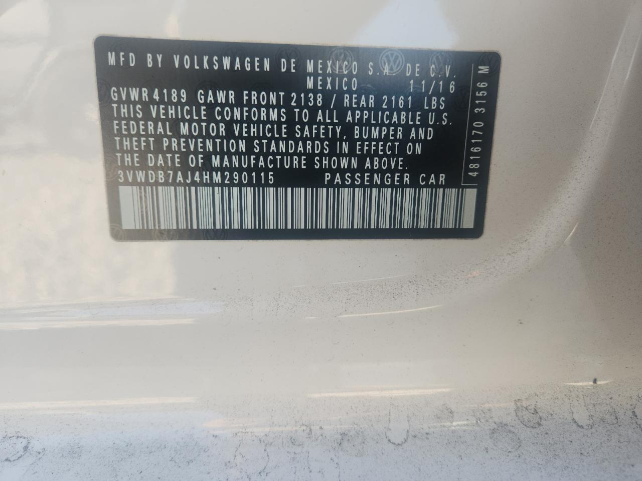 2017 Volkswagen Jetta Se VIN: 3VWDB7AJ4HM290115 Lot: 89461595