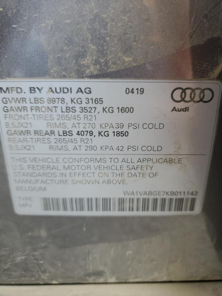 2019 Audi E-Tron Prestige VIN: WA1VABGE7KB011143 Lot: 87071935