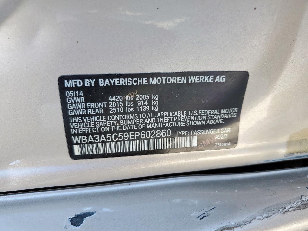 2014 BMW 328 I VIN: WBA3A5C59EP602860 Lot: 84287785