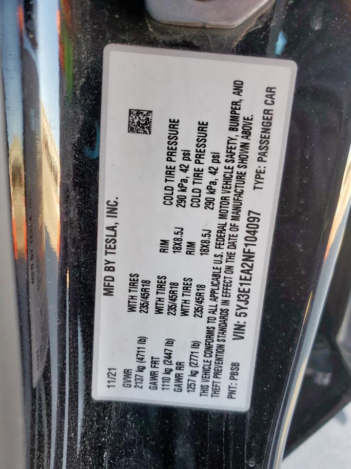 2022 Tesla Model 3 VIN: 5YJ3E1EA2NF104097 Lot: 89437135