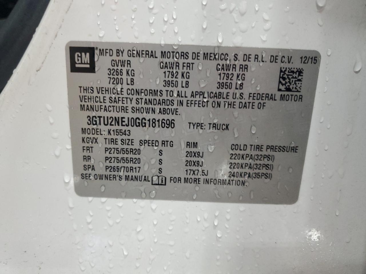 2016 GMC Sierra K1500 Slt VIN: 3GTU2NEJ0GG181696 Lot: 81955845