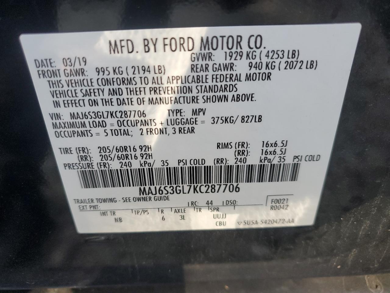 2019 Ford Ecosport Se VIN: MAJ6S3GL7KC287706 Lot: 84959565