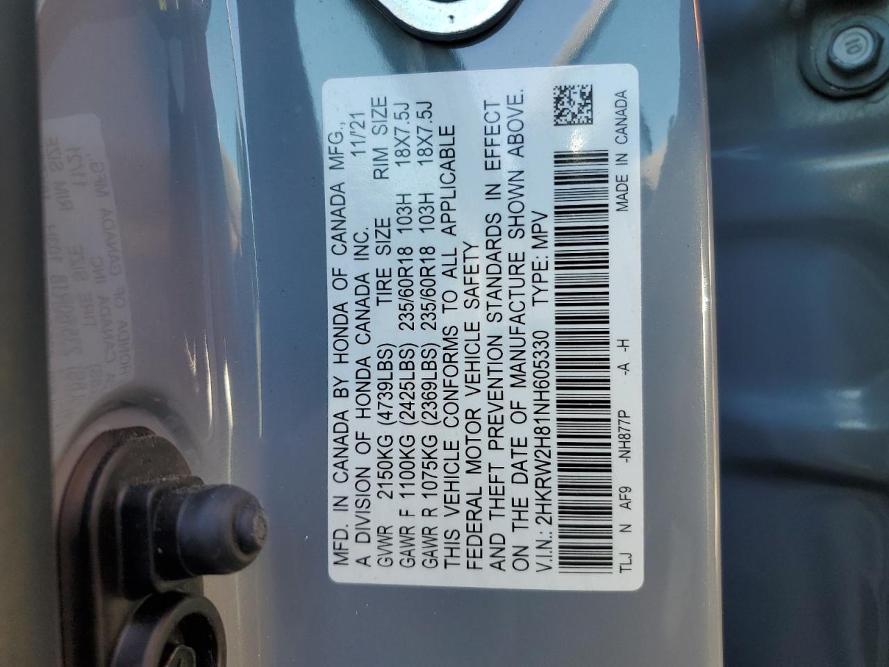 2022 Honda Cr-V Exl VIN: 2HKRW2H81NH605330 Lot: 87056655