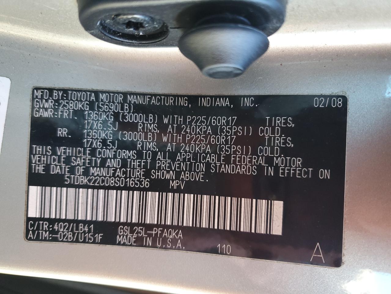 2008 Toyota Sienna Xle VIN: 5TDBK22C08S016536 Lot: 85568265