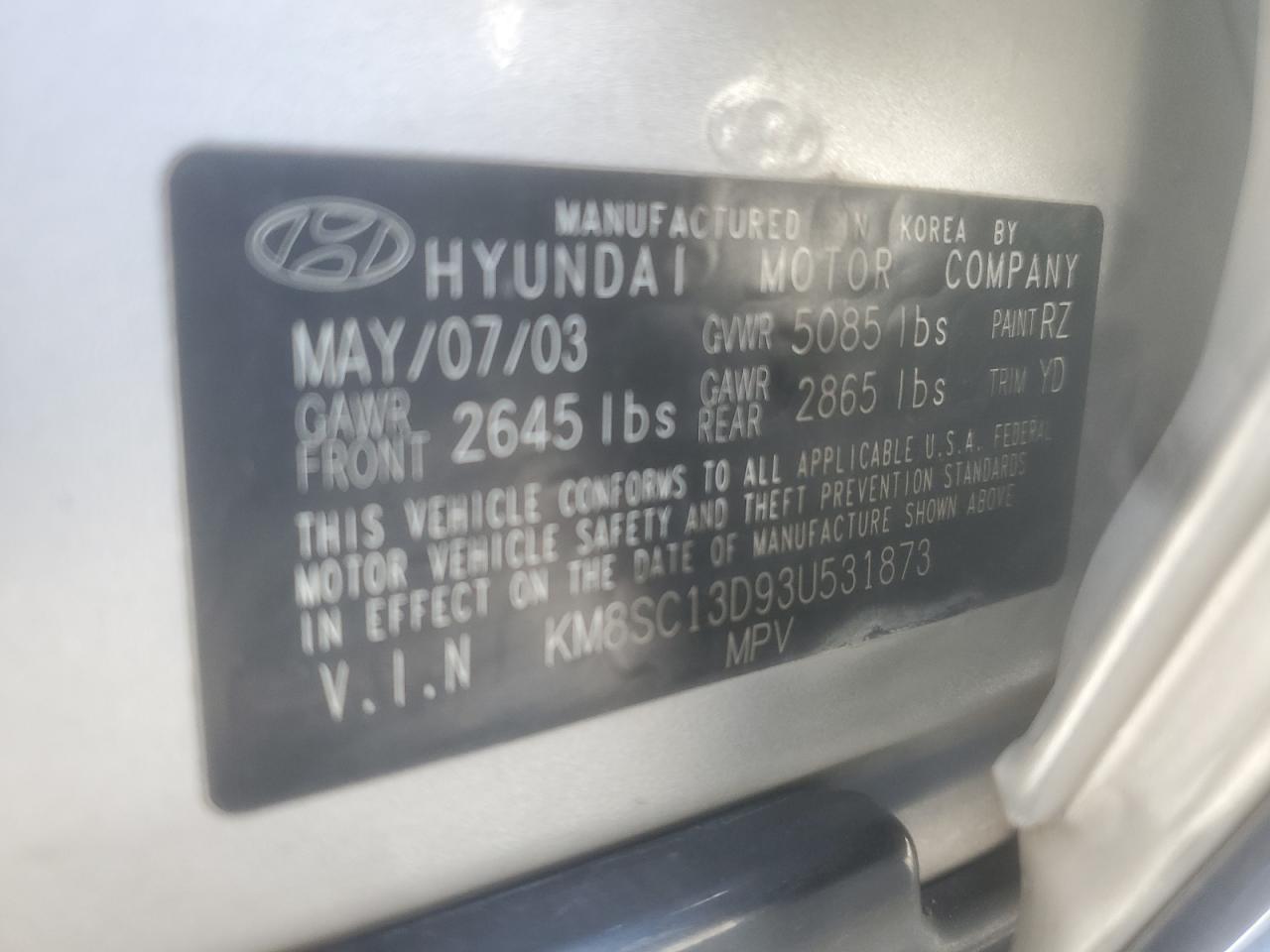 2003 Hyundai Santa Fe Gls VIN: KM8SC13D93U531873 Lot: 86193325
