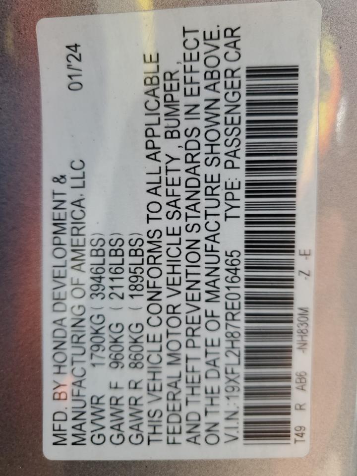 2024 Honda Civic Sport VIN: 19XFL2H87RE016465 Lot: 85484515