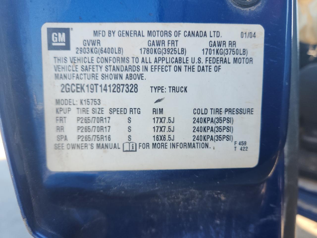 2004 Chevrolet Silverado K1500 VIN: 2GCEK19T141287328 Lot: 85942075