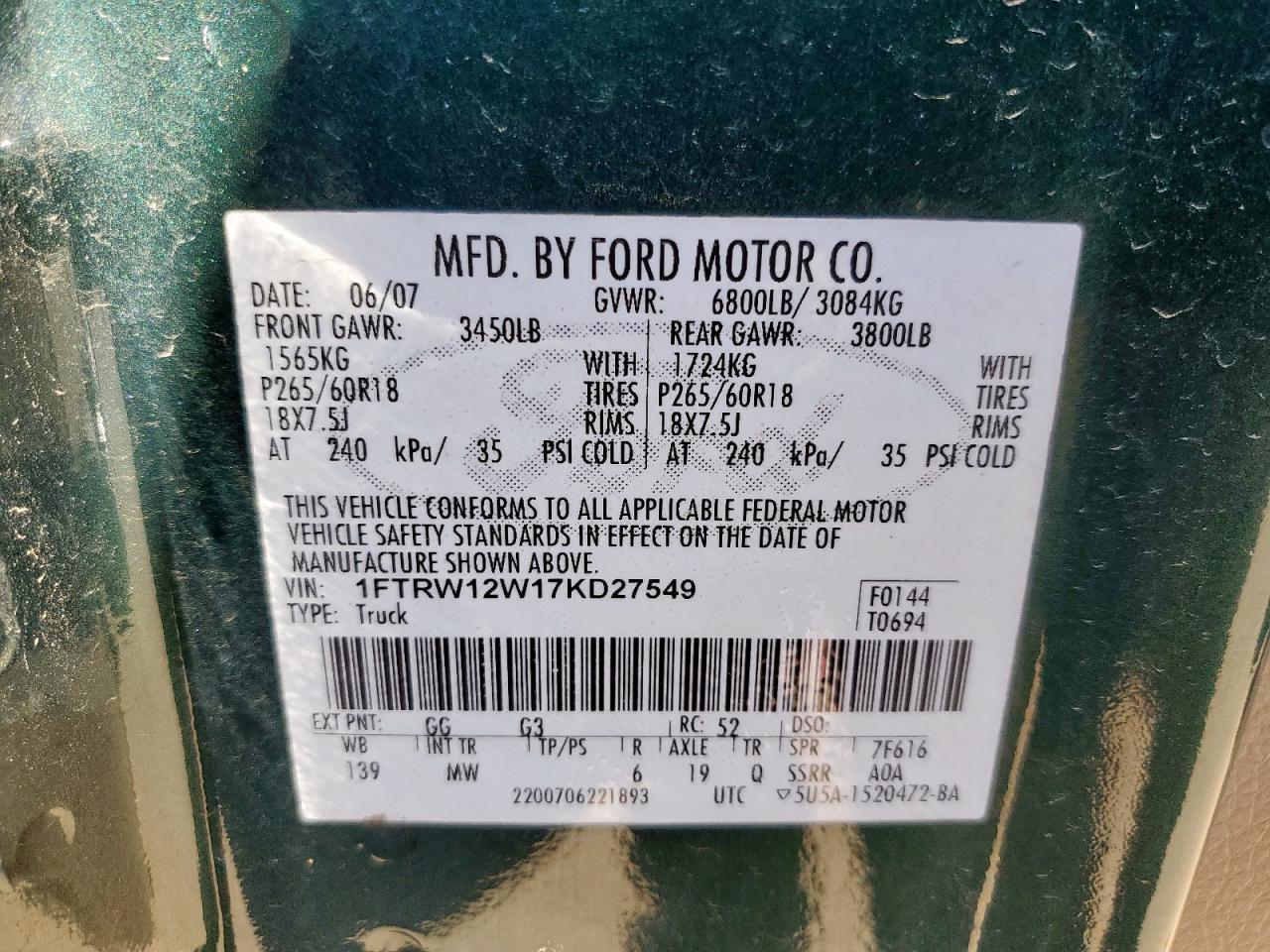 2007 Ford F150 Supercrew VIN: 1FTRW12W17KD27549 Lot: 90572635