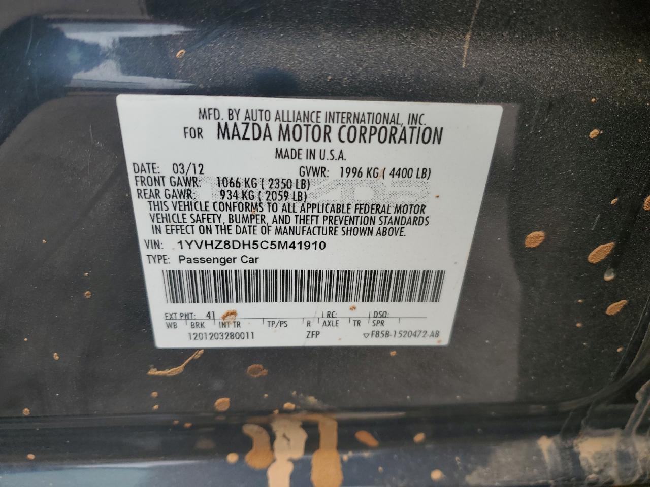 2012 Mazda 6 I VIN: 1YVHZ8DH5C5M41910 Lot: 90442465