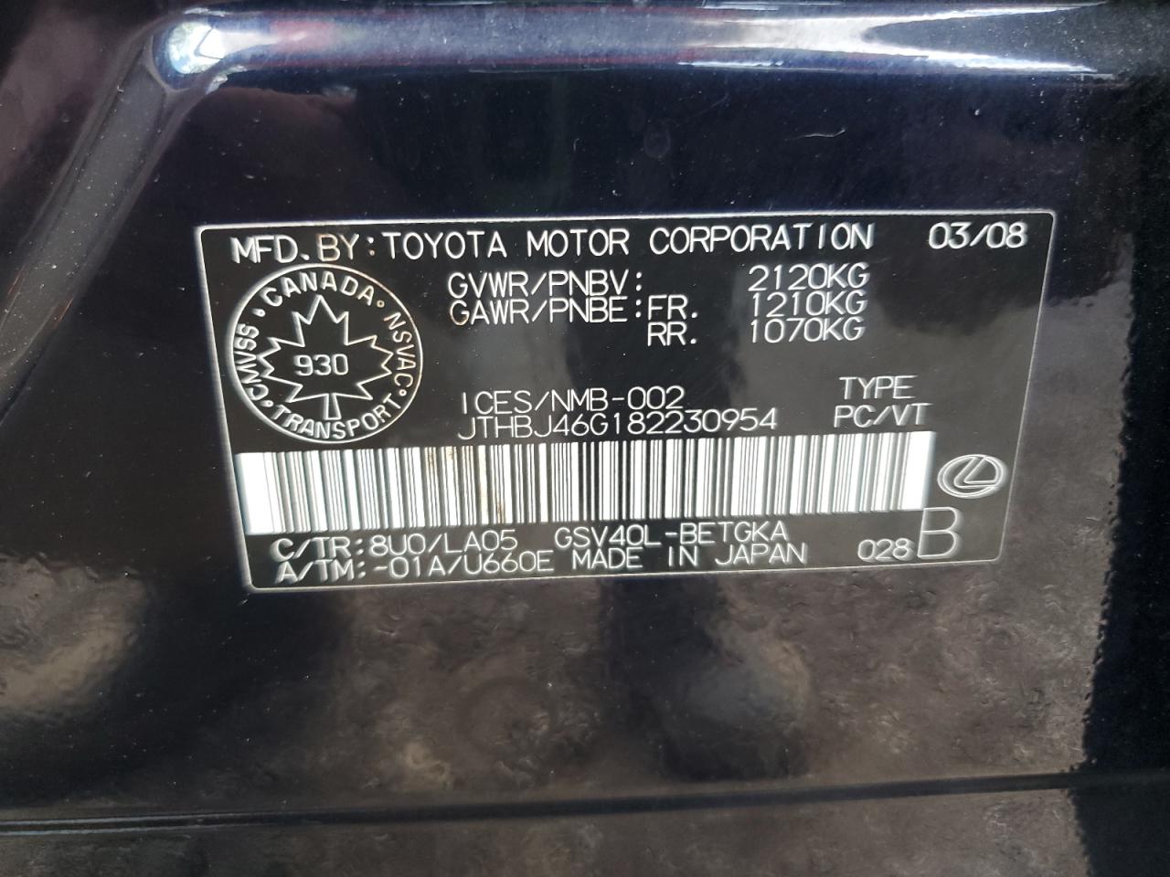 2008 Lexus Es 350 VIN: JTHBJ46G182230954 Lot: 85192385