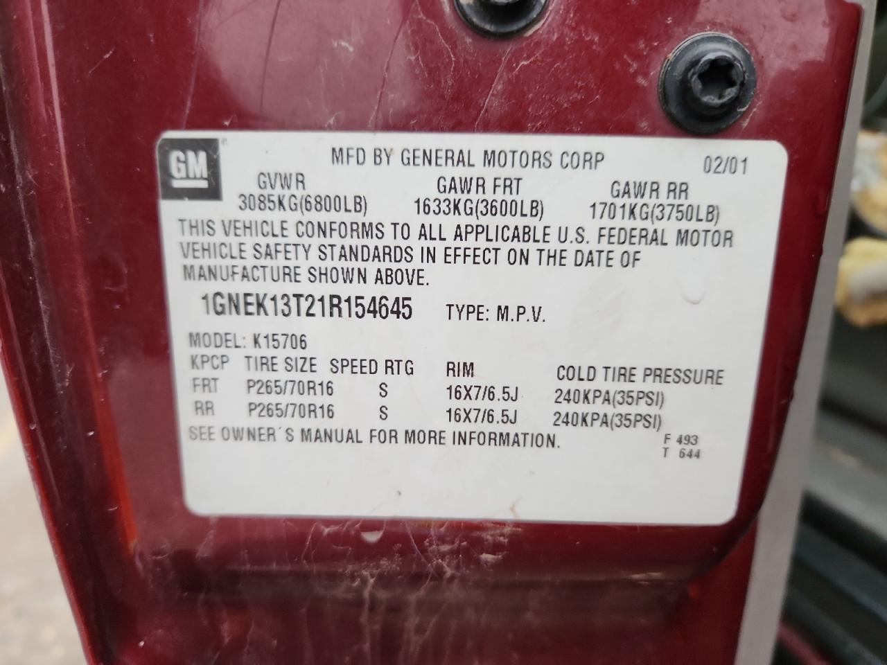 2001 Chevrolet Tahoe K1500 VIN: 1GNEK13T21R154645 Lot: 90134675