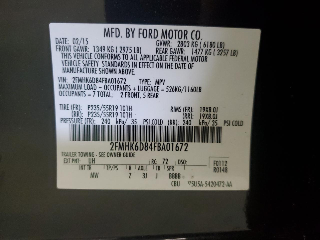 2015 Ford Flex Limited VIN: 2FMHK6D84FBA01672 Lot: 89857265