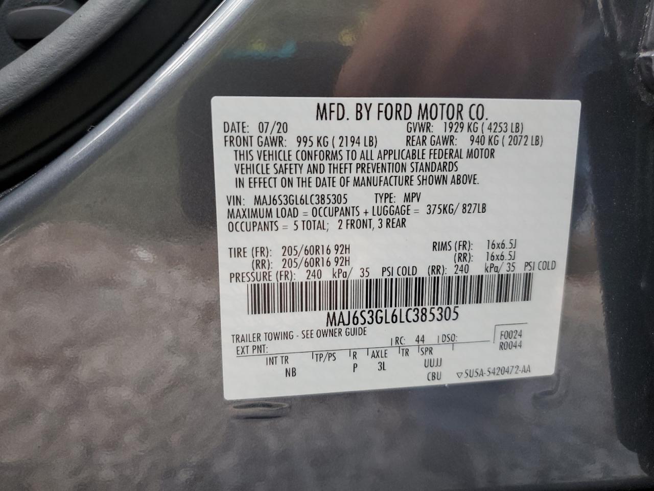 2020 Ford Ecosport Se VIN: MAJ6S3GL6LC385305 Lot: 82444615