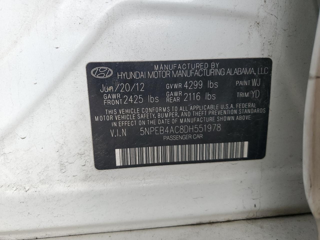 2013 Hyundai Sonata Gls VIN: 5NPEB4AC8DH551978 Lot: 86252385