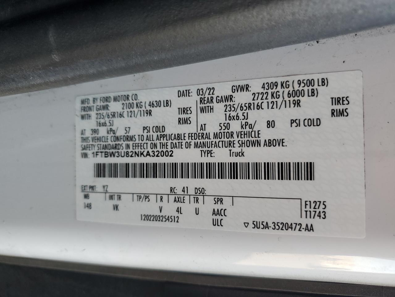 2022 Ford Transit T-350 VIN: 1FTBW3U82NKA32002 Lot: 84034855