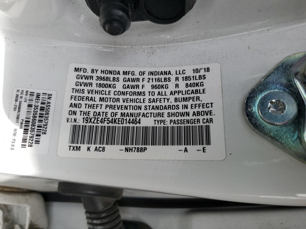 2019 Honda Insight Ex VIN: 19XZE4F54KE014464 Lot: 85576595