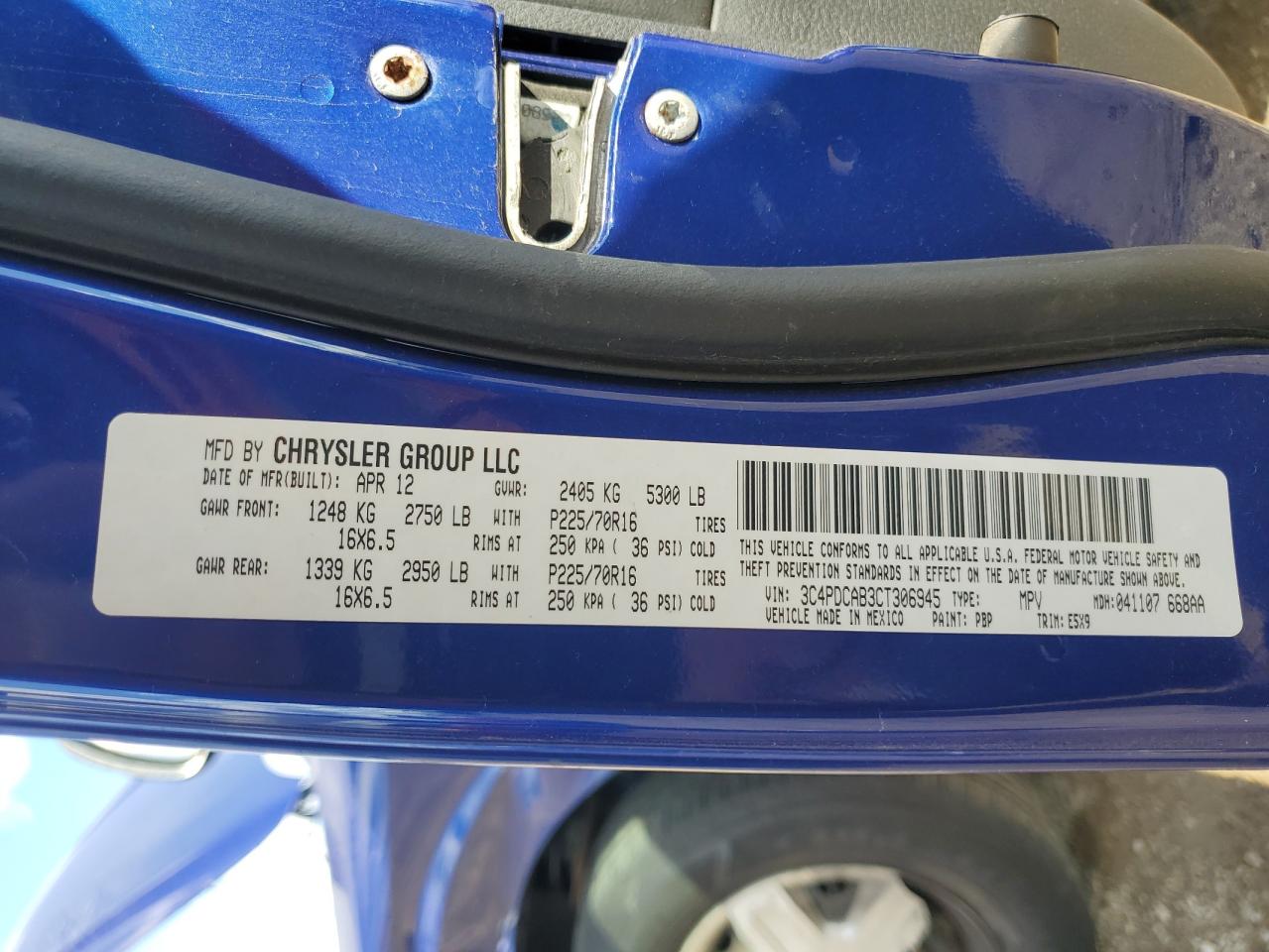 2012 Dodge Journey Se VIN: 3C4PDCAB3CT306945 Lot: 84913745