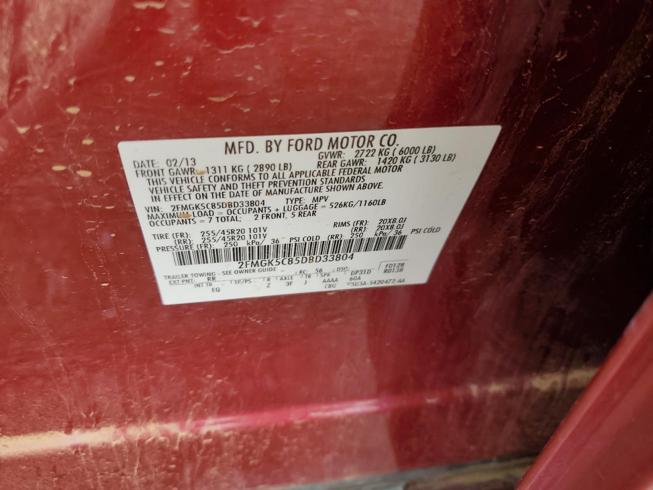 2013 Ford Flex Sel VIN: 2FMGK5C85DBD33804 Lot: 82291045