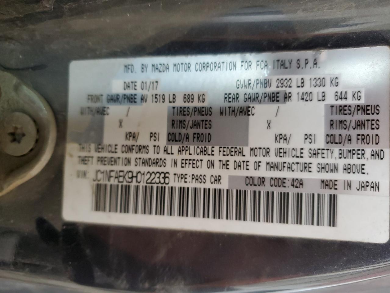 2017 Fiat 124 Spider Classica VIN: JC1NFAEK9H0122336 Lot: 82327725