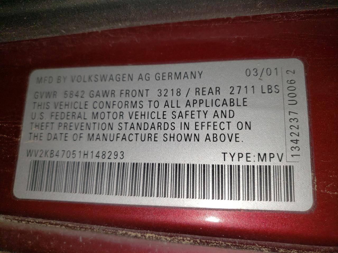 2001 Volkswagen Eurovan Gls VIN: WV2KB47051H148293 Lot: 91130645