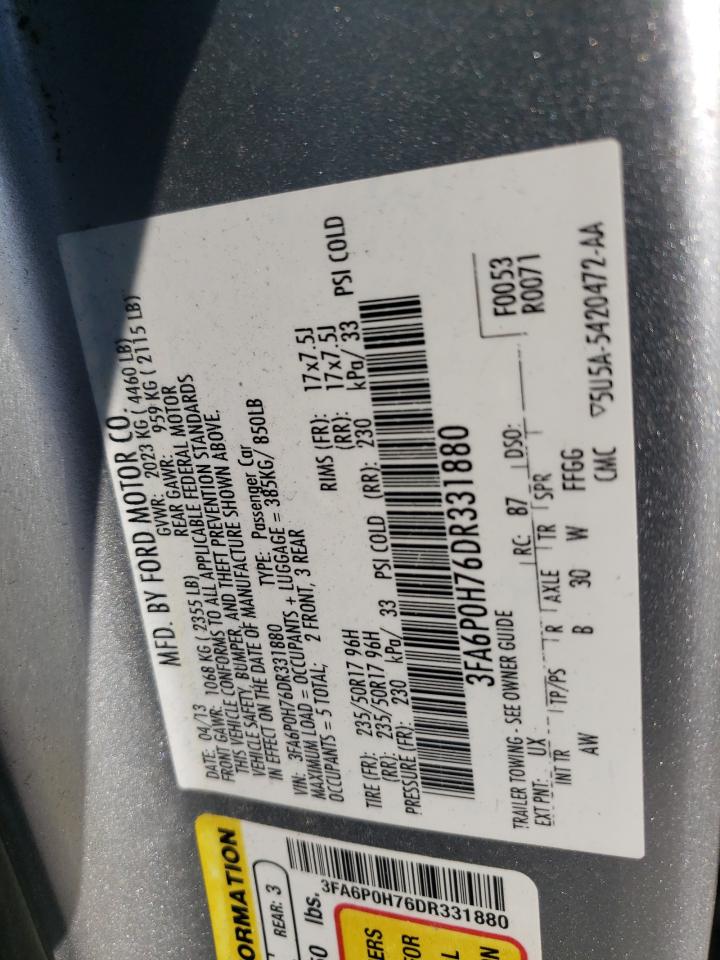 2013 Ford Fusion Se VIN: 3FA6P0H76DR331880 Lot: 81691225