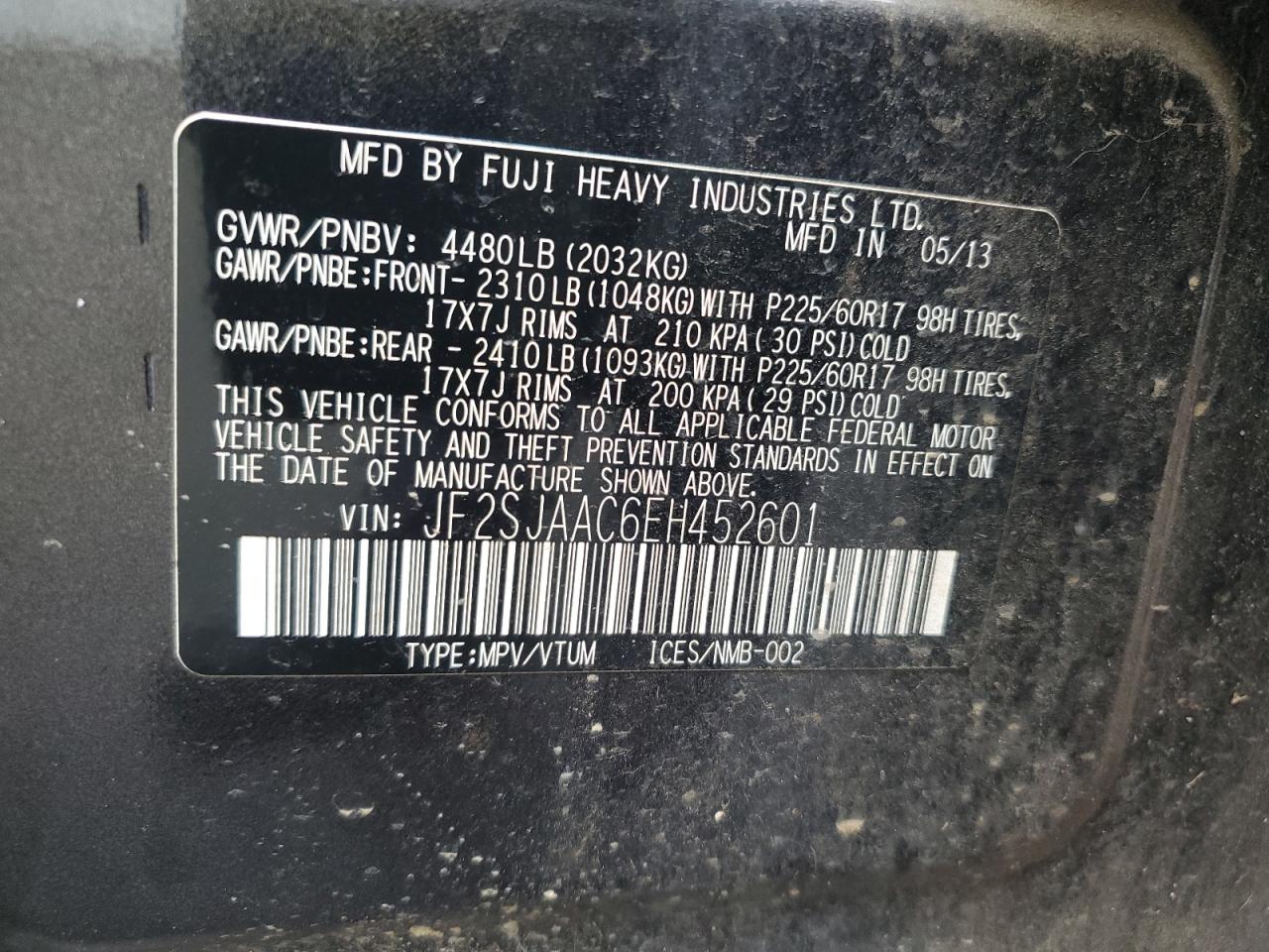 2014 Subaru Forester 2.5I VIN: JF2SJAAC6EH452601 Lot: 81996315