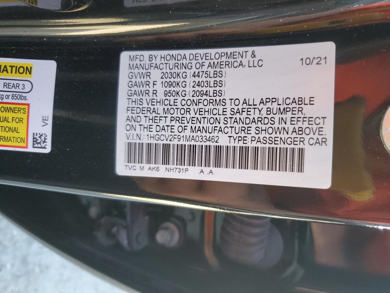 2021 Honda Accord Touring VIN: 1HGCV2F91MA033462 Lot: 80457245