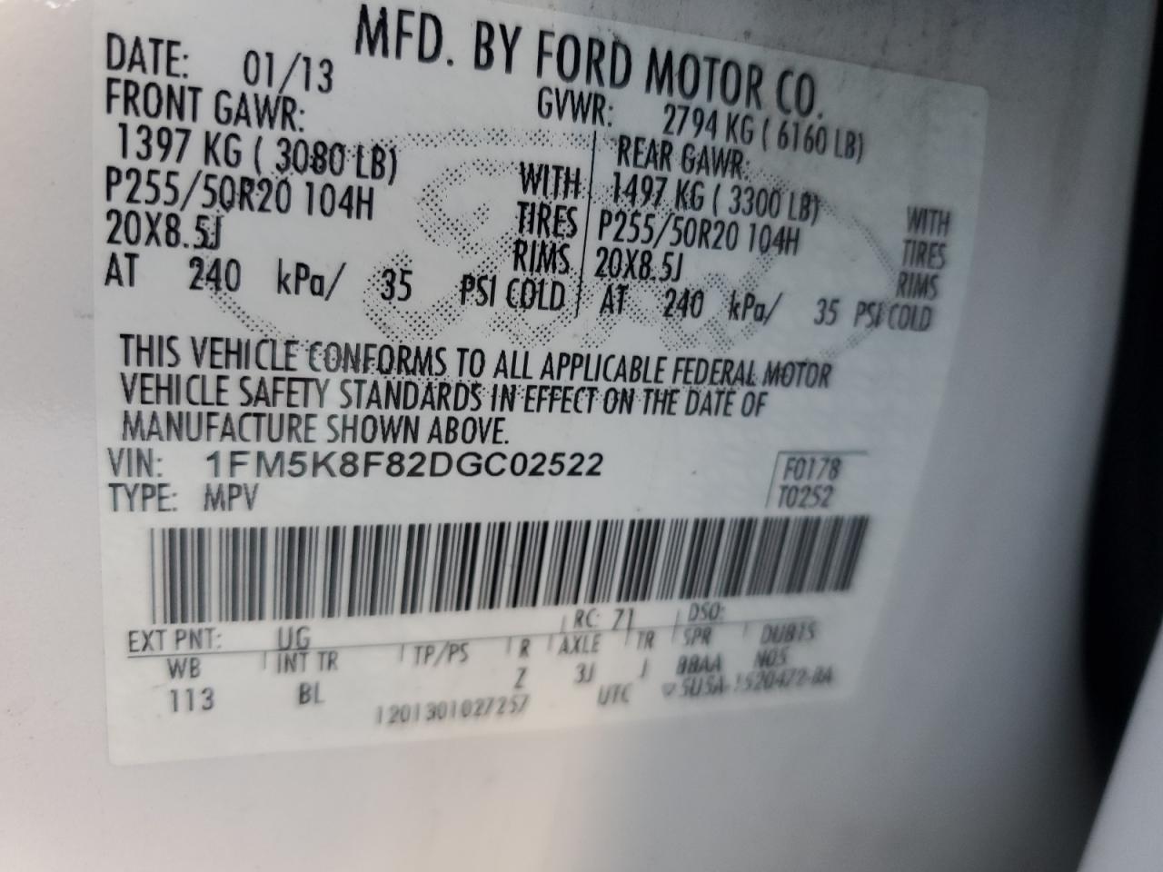 2013 Ford Explorer Limited VIN: 1FM5K8F82DGC02522 Lot: 82345565