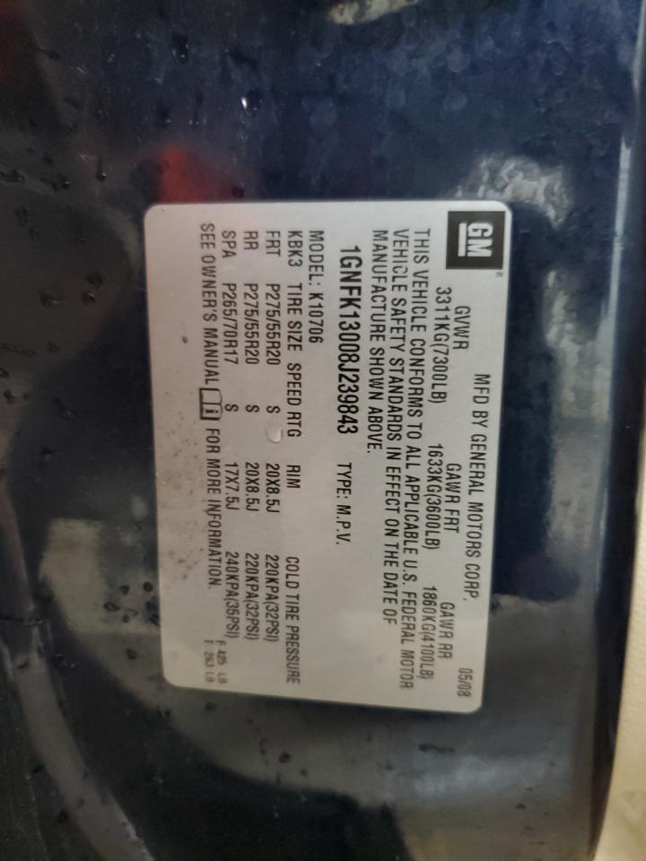 2008 Chevrolet Tahoe K1500 VIN: 1GNFK13008J239843 Lot: 84952575