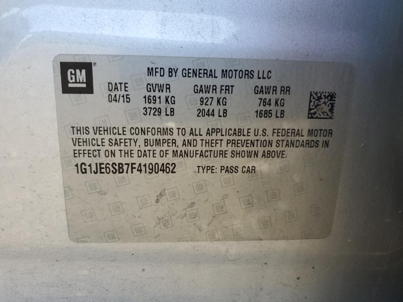 2015 Chevrolet Sonic Ltz VIN: 1G1JE6SB7F4190462 Lot: 86410265