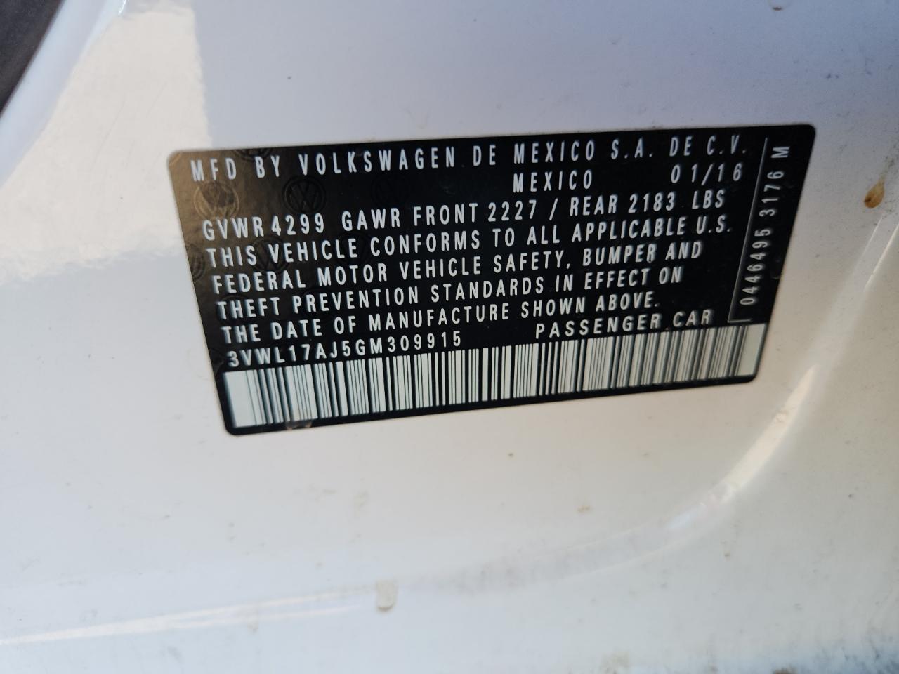 2016 Volkswagen Jetta Sel VIN: 3VWL17AJ5GM309915 Lot: 84253025