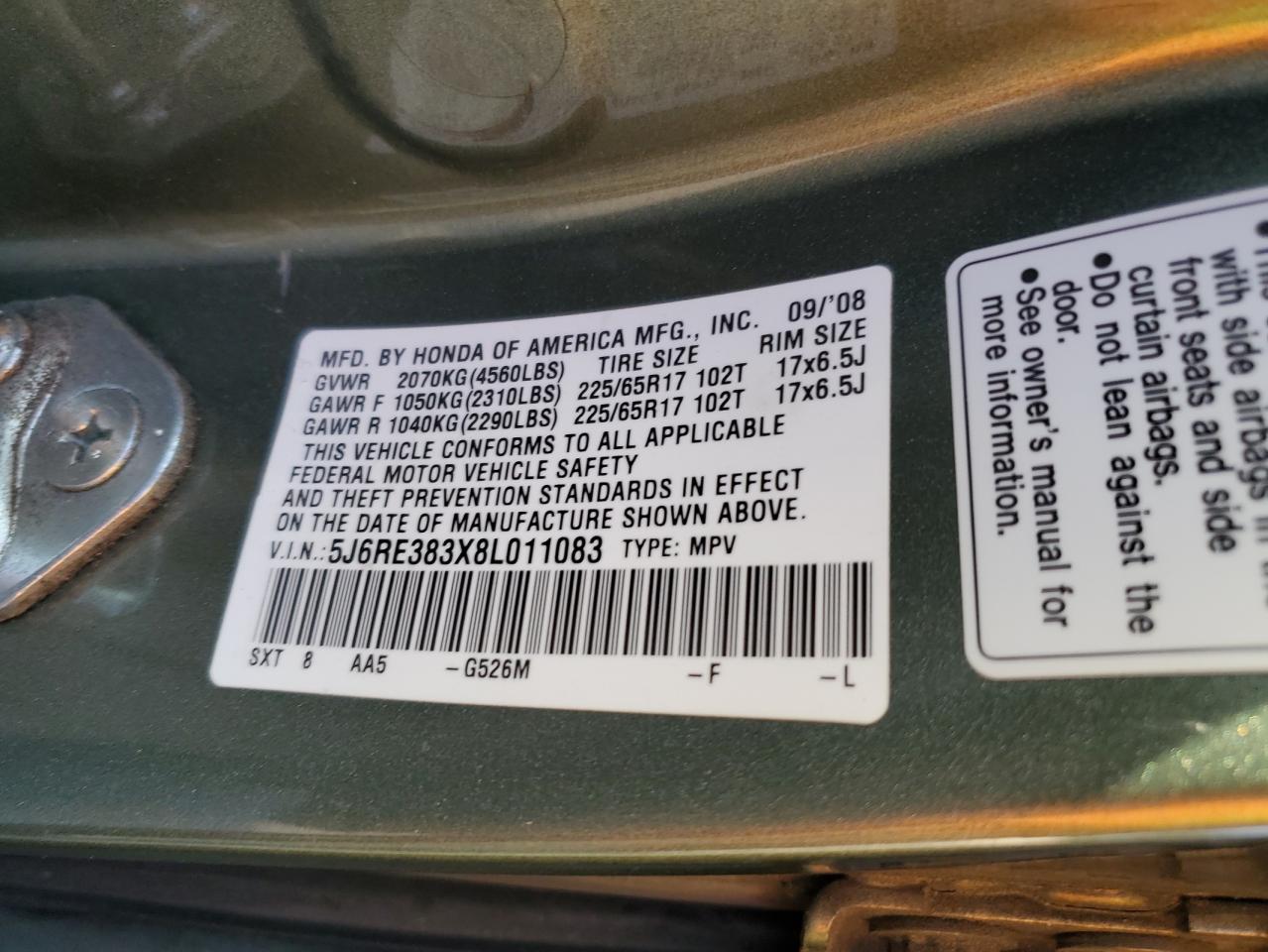 2008 Honda Cr-V Lx VIN: 5J6RE383X8L011083 Lot: 81958295