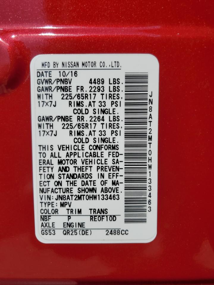 2017 Nissan Rogue S VIN: JN8AT2MT0HW133463 Lot: 82338285