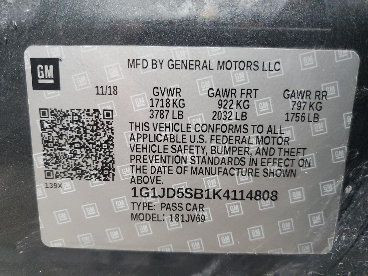 2019 Chevrolet Sonic Lt VIN: 1G1JD5SB1K4114808 Lot: 86465415