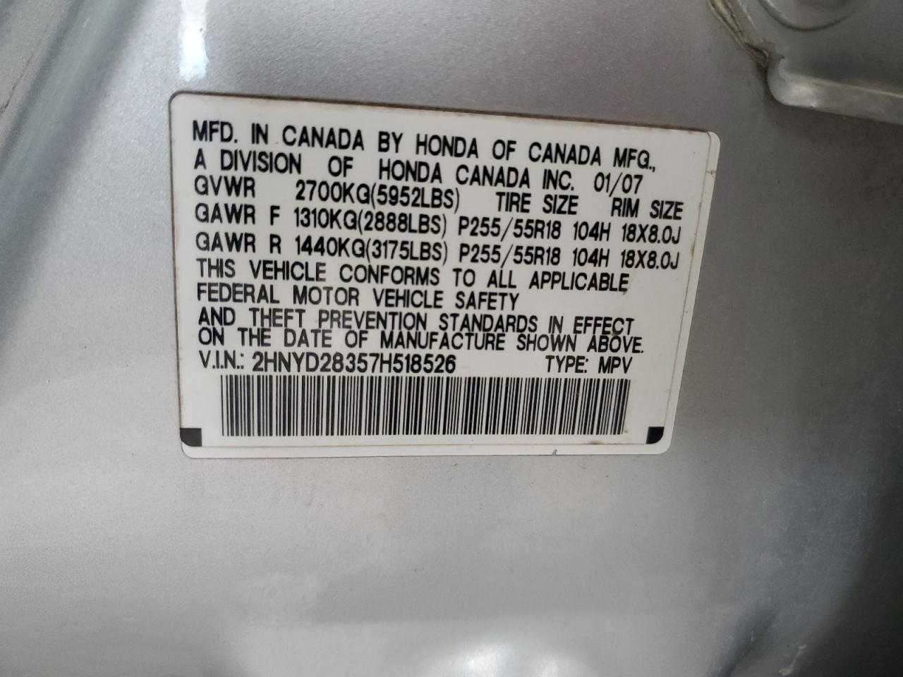 2007 Acura Mdx Technology VIN: 2HNYD28357H518526 Lot: 90315285