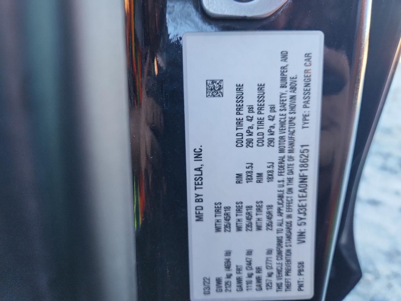 2022 Tesla Model 3 VIN: 5YJ3E1EA0NF186251 Lot: 82480435