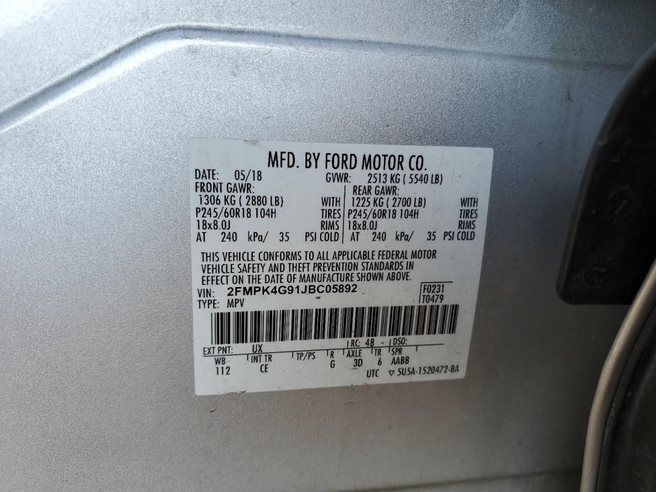 2018 Ford Edge Se VIN: 2FMPK4G91JBC05892 Lot: 90228275