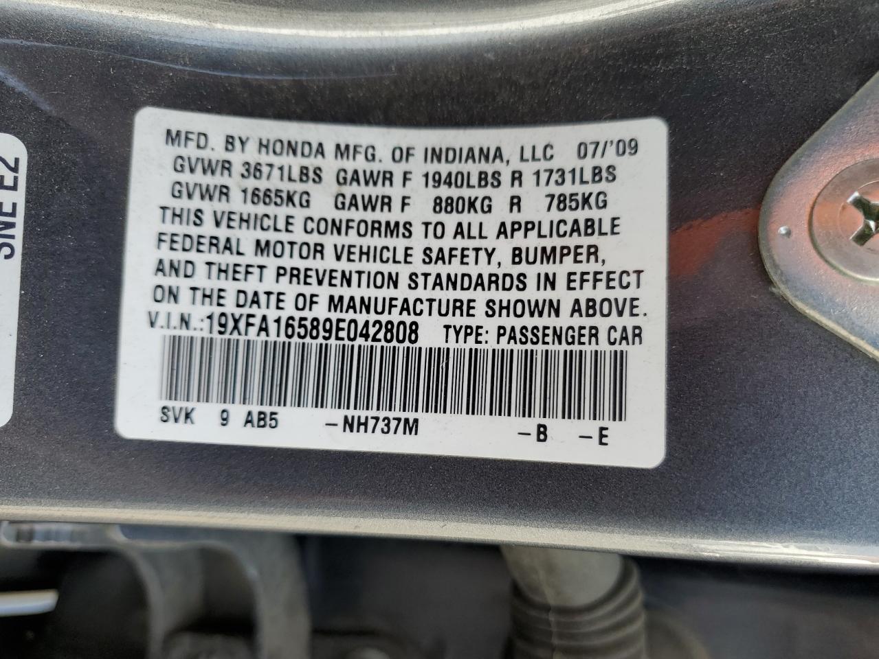 2009 Honda Civic Lx VIN: 19XFA16589E042808 Lot: 84996865