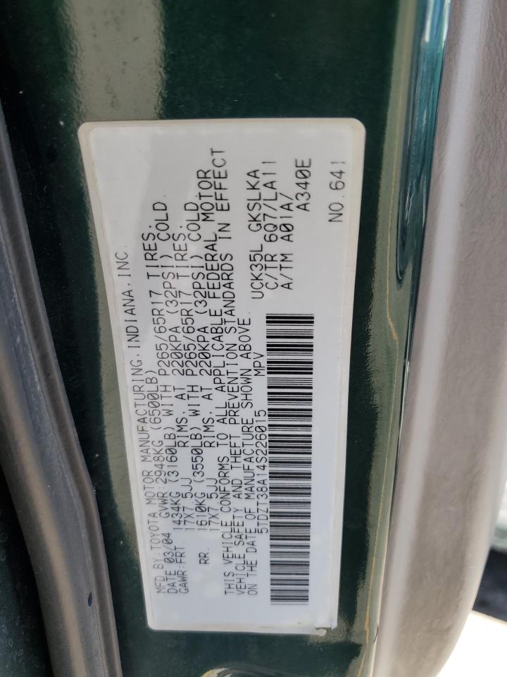 2004 Toyota Sequoia Limited VIN: 5TDZT38A14S226015 Lot: 85365865