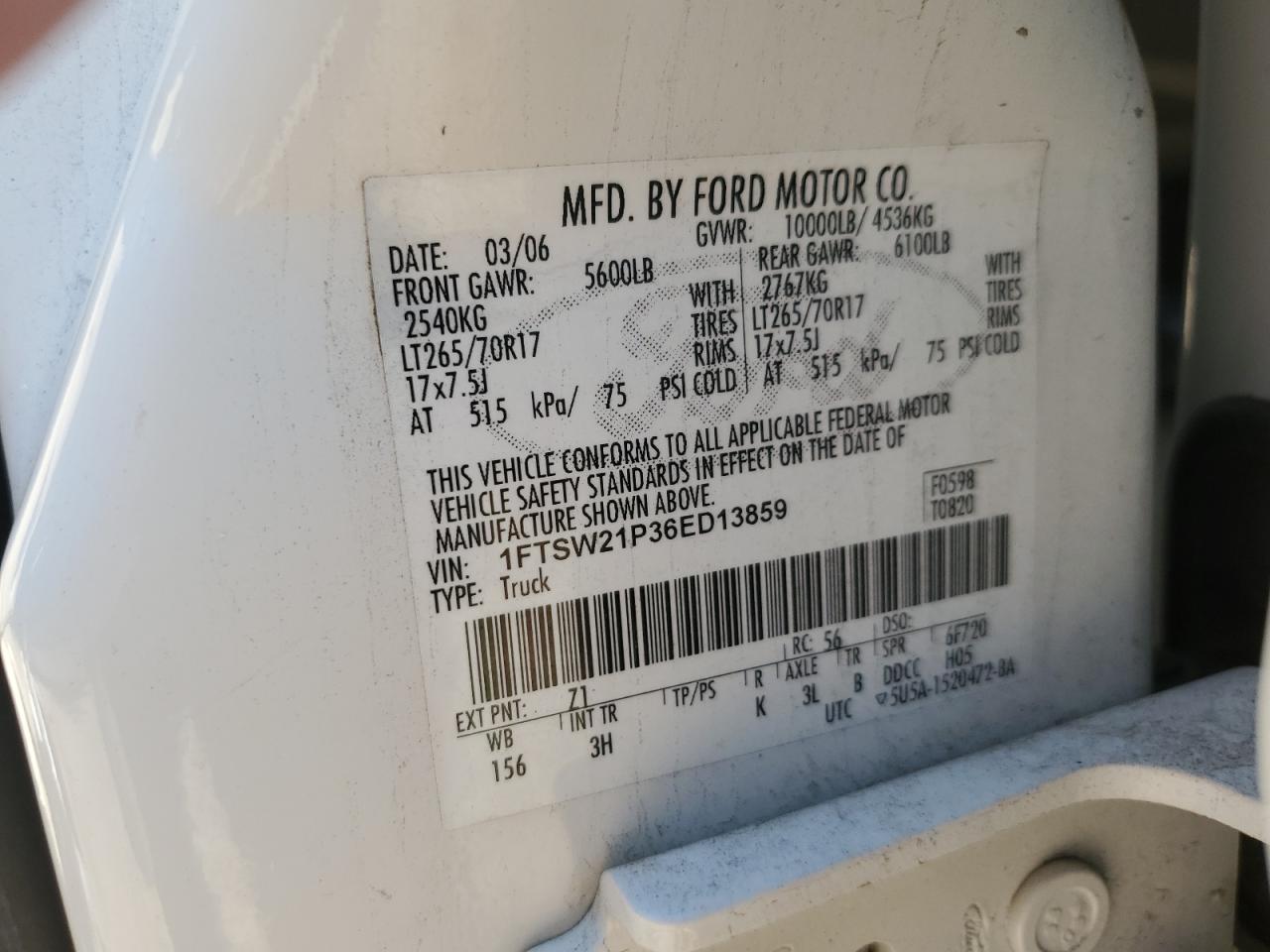 2006 Ford F250 Super Duty VIN: 1FTSW21P36ED13859 Lot: 85536485