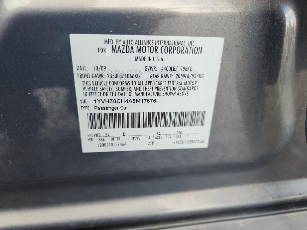 2010 Mazda 6 I VIN: 1YVHZ8CH4A5M17676 Lot: 90850955