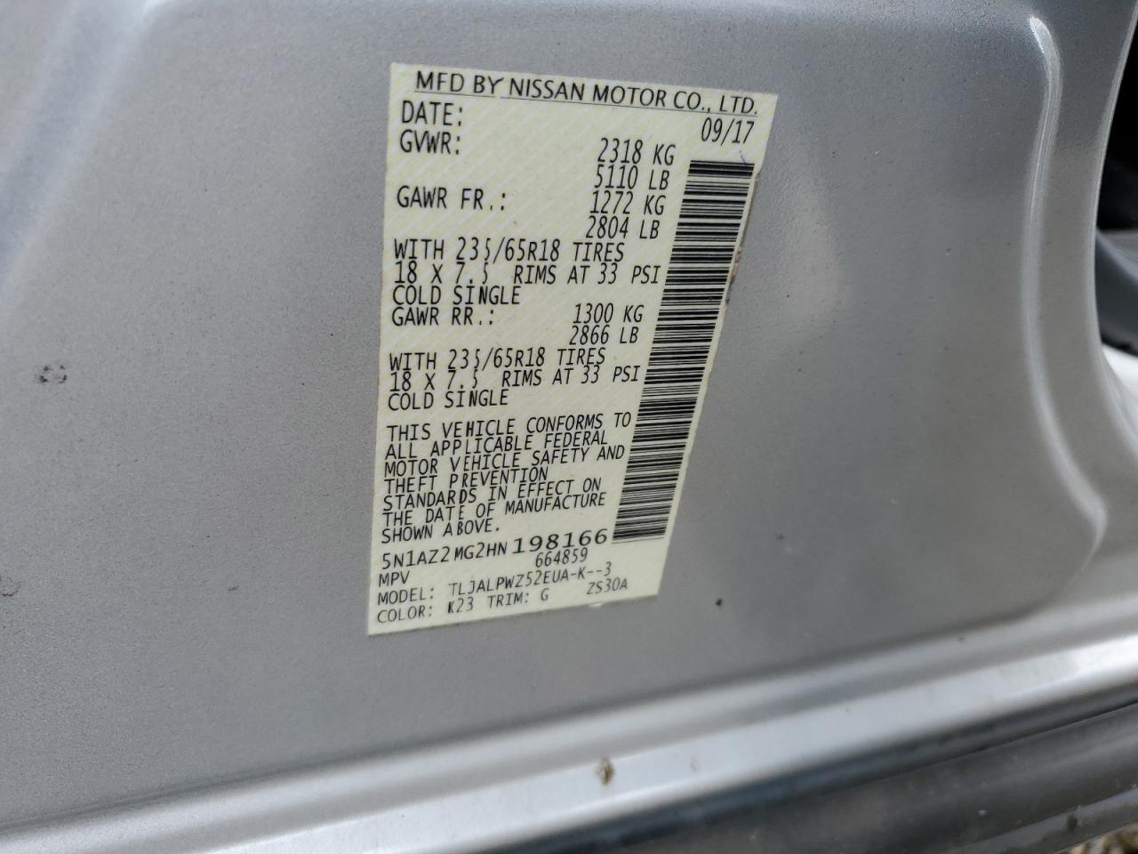 2017 Nissan Murano S VIN: 5N1AZ2MG2HN198166 Lot: 85350105