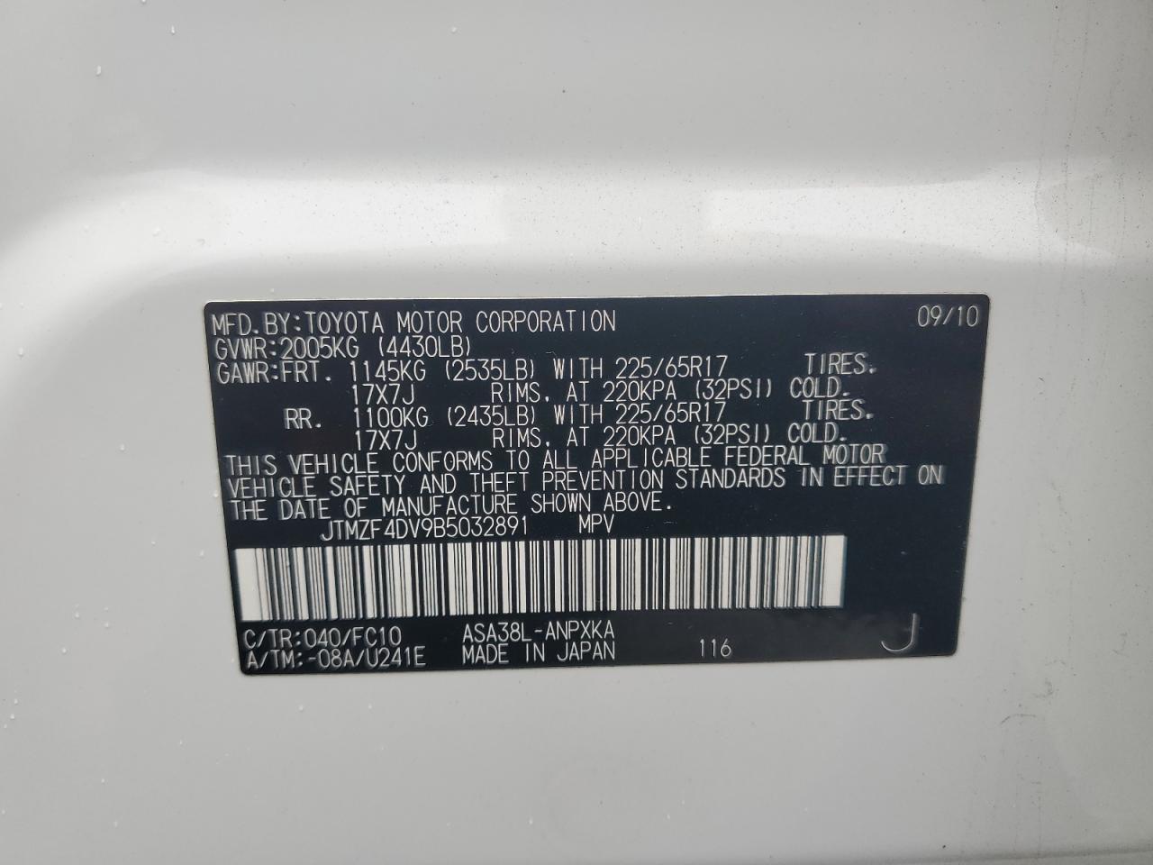 2011 Toyota Rav4 VIN: JTMZF4DV9B5032891 Lot: 85380115