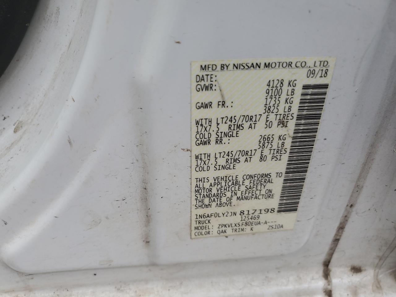 2018 Nissan Nv 2500 Van VIN: 1N6AF0LY2JN817198 Lot: 90206905