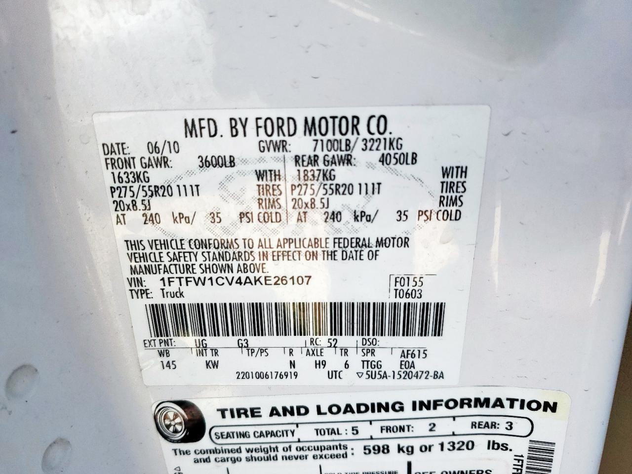 2010 Ford F150 Supercrew VIN: 1FTFW1CV4AKE26107 Lot: 90276925